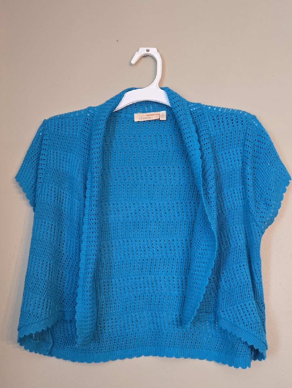 Choices - Bright Teal Blue Open-Weave Short Sleeve Cardigan